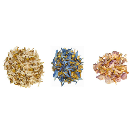 Triple Lotus Mix (Assorted Sizes) A blend of shredded Blue, Pink & White Lotus flowers